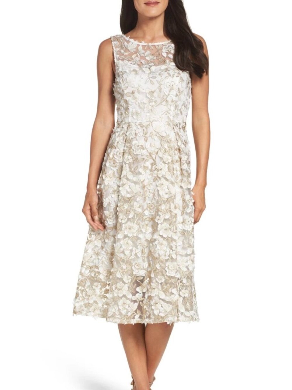 NWT Adrianna Papell 3D Lace Fit & Flare Midi Dress in Ivory/Gold. Size 16